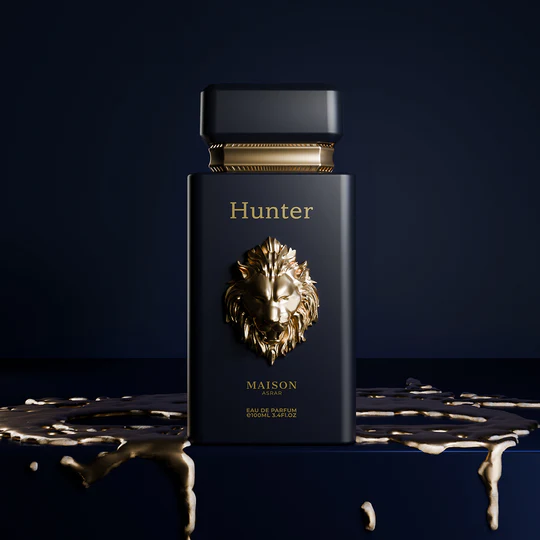 Hunter by Maison Asrar – Eau de Parfum 100 ml parfum Hunter Maison Asrar EDP 100 ml flacon bleu marine or tête de lion coffret