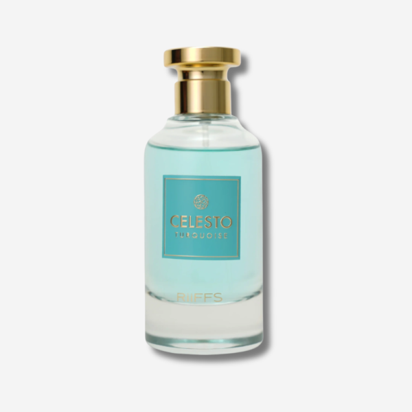 Celesto Turquoise by Riiffs – Eau de Parfum 100 ml parfum Celesto Turquoise Riiffs EDP 100 ml flacon turquoise bouchon doré coffret blanc cylindrique