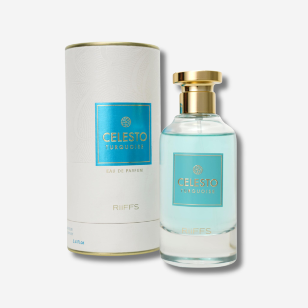 Celesto Turquoise by Riiffs – Eau de Parfum 100 ml parfum Celesto Turquoise Riiffs EDP 100 ml flacon turquoise bouchon doré coffret blanc cylindrique