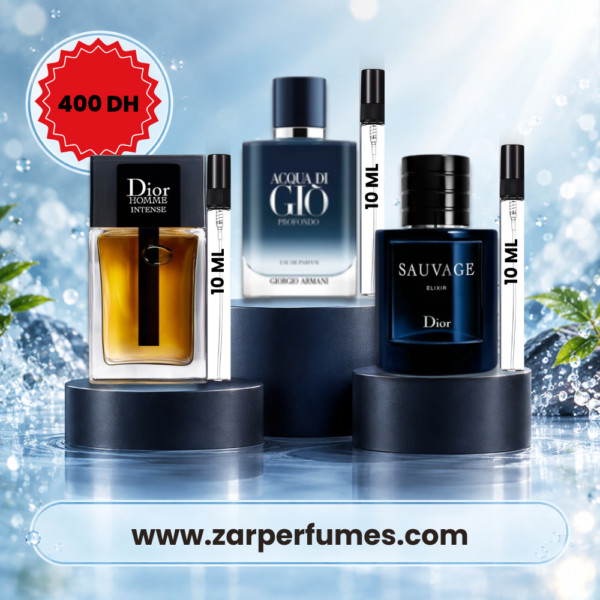 Pack Homme Prestige – 3 x 10 ml | Dior Homme Intense, Acqua di Giò Profondo & Sauvage Elixir pack parfum homme prestige 10 ml Dior Homme Intense Acqua di Giò Profondo Sauvage Elixir Dior